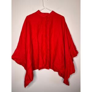 For Cynthia Red Linen Flowy Lagenlook Avant Garde Flounce Poncho Blouse L